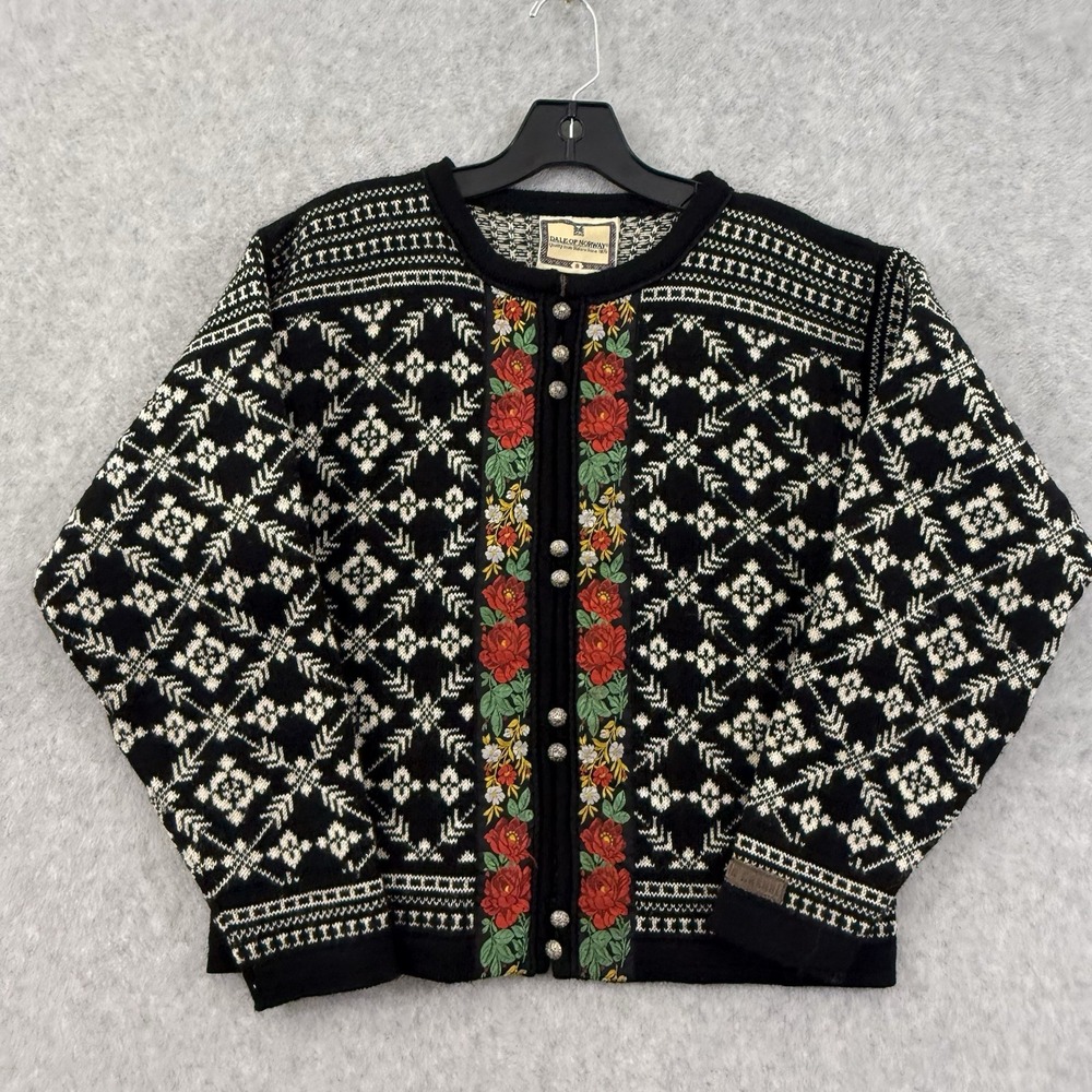 DALE OF NORWAY Casual Black Floral Wool Knit Ski Cardigan Sweater Size S